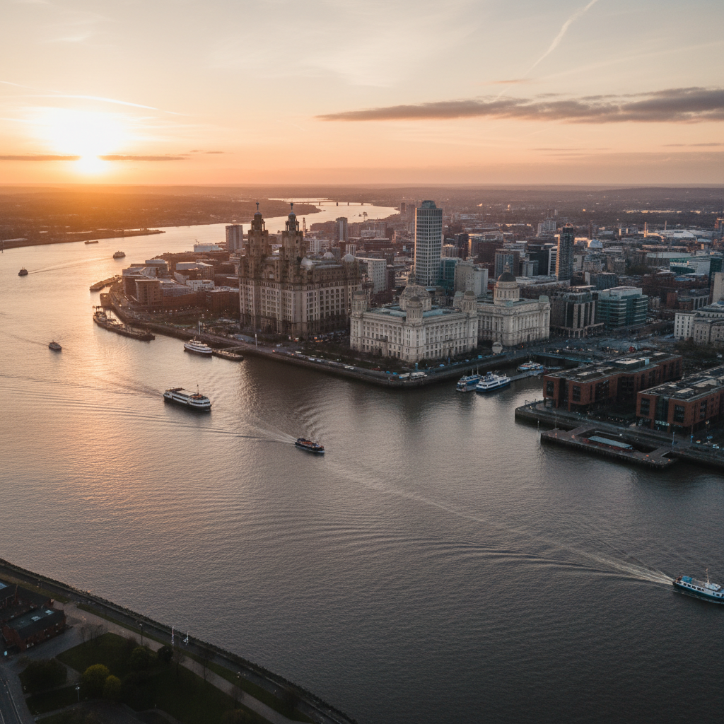 Aerial view of Liverpool city skyline and the River Mersey
